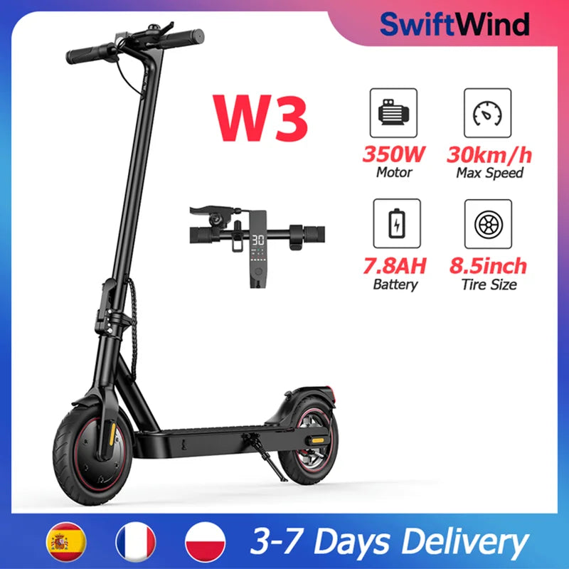 W3 Electric Scooter EU Version 8.5” 350W Motor 36V7.8Ah Battery 24-34KM Range 3 Speed 25KM/H Air Tire Rear Drive Rear Hub Brake E Brake